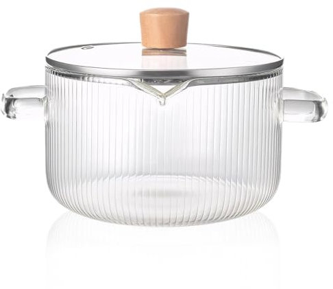 Olla de vidrio para cocinar a fuego lento con tapa 61 oz resistente al calor con doble asa recipiente de vidrio a rayas de fondo grueso para comida y vino.