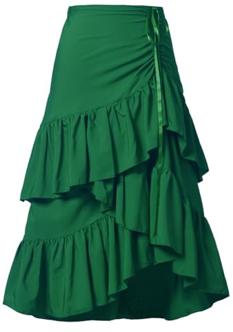 CAMDOM Kvinnors lager volang kjol hög låg asymmetrisk fåll midikjol dragsko midja en linje blommig sommarkjol, gRÖN, XL/XXL