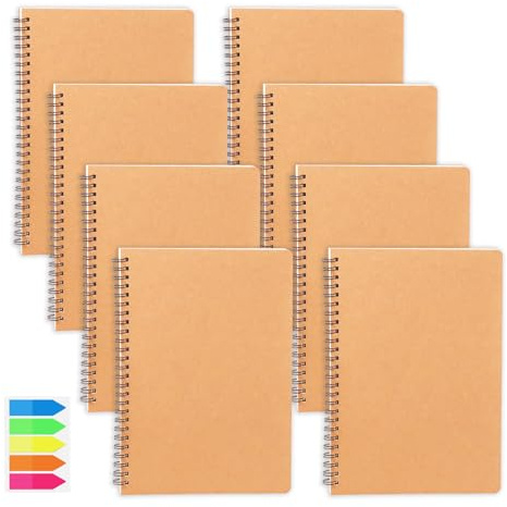 ELLECILA 8PCS A5 Lined Notebooks, Kraft Cover Spiral Notebooks With Sticky Notes,120 Pages/60 Sheets Note Book, Bulk A5 Notepads for School, Study, Office Business Travel, Brown