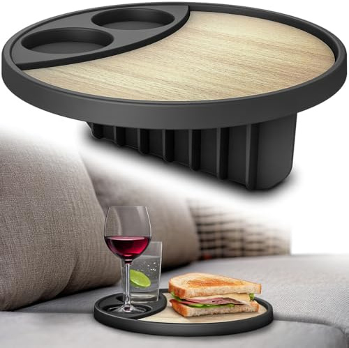 Sofa Ritzentablett aus Holz und Kunststoff, Sofa Tisch, Couch Ritze Tablett, 2 Getränkehalter, Untersetzer, Ablage, Ritzentisch