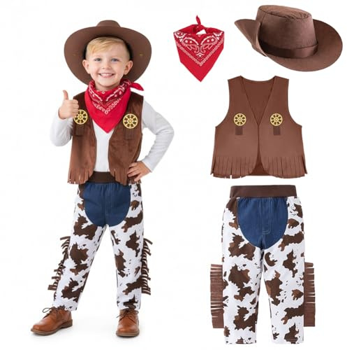 Vicloon cowboykostym outfit för baby småbarn barn, cowboy kostym outfit fin utklädnings set, pojkar och flickor cowboys utklädnad med röd bandana och hatt, perfekt för utklädningsfester, semestrar