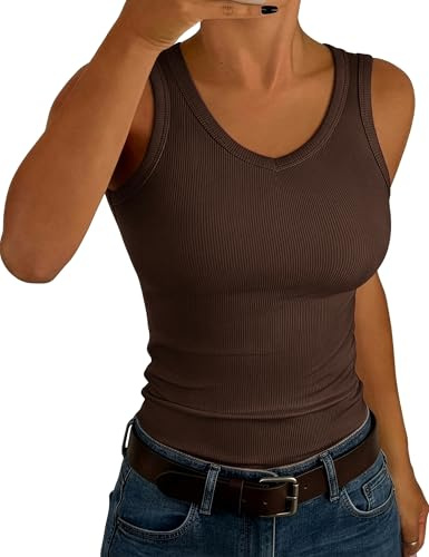 Aottori Camiseta de Tirantes Mujer para Verano Canalé Elástico con Cuello V | Punto Acanalado, Corte Ajustado, Estilo Casual, Forma de Túnica, para Uso Casual, Comodidad Flexible