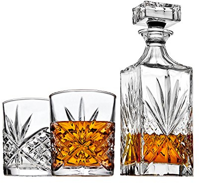 Lefonte Whiskey Decanter Set with 2 Old Fashioned Whisky Glasses for Liquor Scotch Bourbon or Wine - Irish Cut