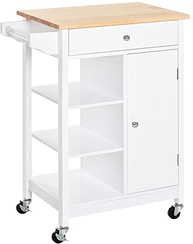 HOMCOM Kitchen Trolley, Kitchen Island on Wheels, w/Wood Top, 3 Shelves and Storage Cupboard, White