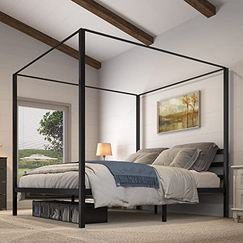 YITAHOME Bed Frame, Metal Platform Bed with Headboard and Four Posters, Steel Slat Support Under Bed Storage for Bedroom Living Room Guest Room, 203 x 193cm