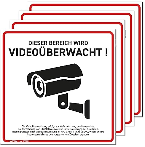 HAGEFOL® Cartel de videovigilancia, juego de 4 unidades, (15 x 15 cm – pequeño) con aviso DSGVO, advertencia para cámara de vigilancia o cámara falsa (espuma rígida blanca)