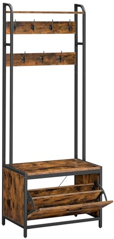 VASAGLE Garderobenständer mit Schuhschrank, Garderobe mit Sitzbank, Kleiderständer, Schuhkipper, 7 Haken, obere Ablage, für Flur, Schlafzimmer, Industrie-Design, vintagebraun-schwarz HSR425B01