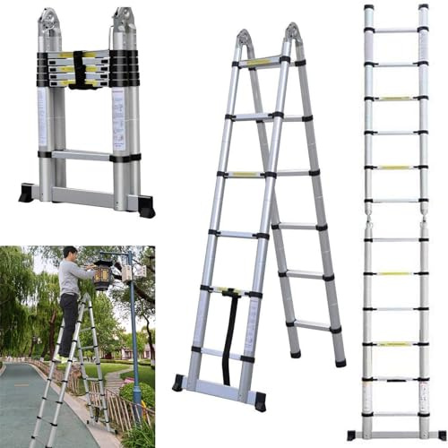 Scala telescopica pieghevole da 5 m, con stabilizzatore, 2,5 m + 2,5 m, scala allungabile, scaletta pieghevole multiuso, scala allungabile, scala domestica, portata 150 kg