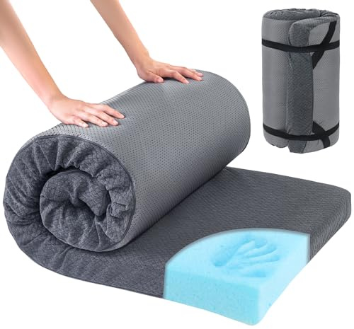 HOMBYS Memory Foam Camping Mattress Pad,Portable Sleeping Pad for Adult,Waterproof Cot Mattress,Roll Up Floor Mattress,Foldable Backpacking Travel Bed for Hiking,Guest Bed (Grey, COT: 72x24x3)