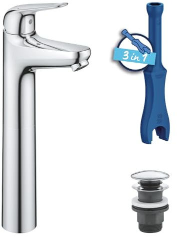GROHE Swift QuickFix - Free-Standing Smooth Body Basins Tap with Push-Open Waste Set (XL-Size 319mm, 28mm Ceramic Cartridge, Water Saving, Tails 3/8 Inch, Easy to Fit with QuickTool), Chrome, 24331001