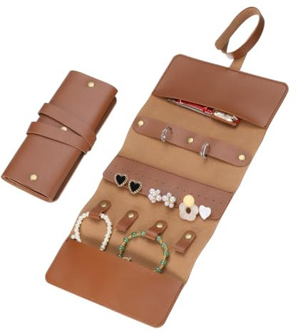 sourcing map Reise-Schmuck-Rolltasche, faltbarer Reise-Schmuck-Organizer, tragbare Schmucktasche für Reisen, Ringe, Halsketten, Ohrringe, Armbänder, Schmuckaufbewahrung, Braun