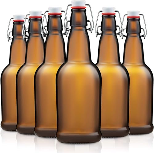 Ceciliec Lot de 6 bouteilles en verre avec bouchon basculant, brassage de bière avec bouchons hermétiques pour vin, condiments, boissons, huile, vinaigre, kombucha et eau, 474 ml, ambre
