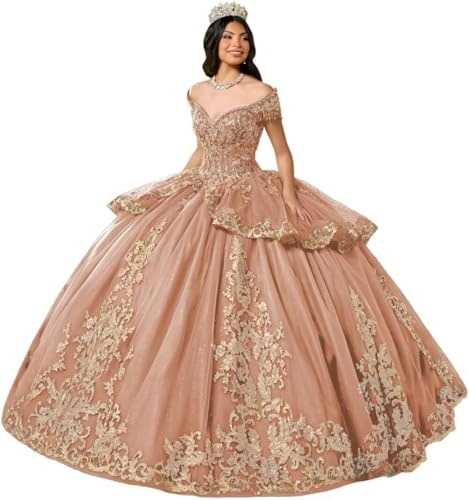 Yifanier Vestido de quinceañera de Tul abullonado con Cola y Apliques de Encaje Dorado 3D Vestidos de quinceañera con Apliques de Encaje Brillantes MT039
