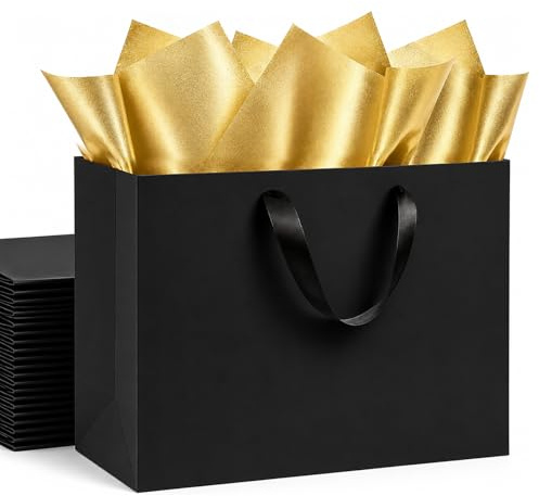 OfficeCastle 4 Pack Black Paper Gift Bags, XL 16x6x12 inch Bags with Handles and 10 Gold Tissue Sheets, Luxury Shopping Bag for Holiday Gifts, Retail, Boutique, Party Use (XL, 4pcs)