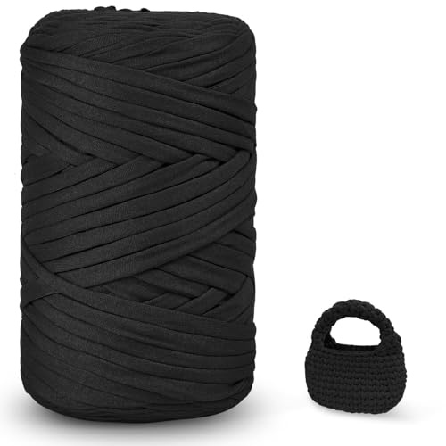 iEGrow Fil pour Crochet，400 g/140m Fil Polyester en Tissu Chunky Tshirt Yarn, T-Shirt Crochet pour Sac，Paniers，Bricolage，Décoration d'Intérieur，Tapis, Bricolage Noir1