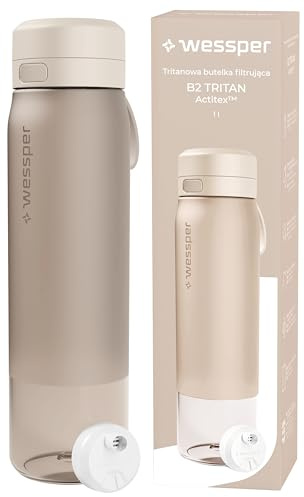 Wessper Tritan Wasserfilter Trinkflasche, 1000ml, Wasser Flasche mit Filter Actitex Disc, Reduziert Chlor, Filterwechselanzeige, bpa freie Trinkflaschen - Beige