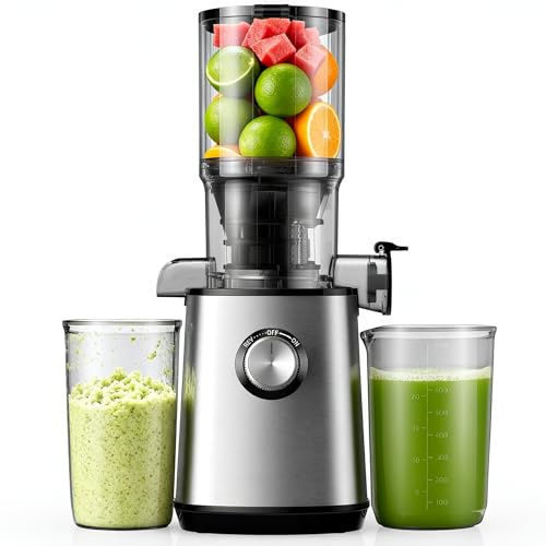 Cold Press Juicer with 110 MM Large Feed Chute, Masticating Juicer Machines Fits Whole Fruits and Vegetables, Self Feeding Slow Juicer with Low Noise, Easy to Clean, Silver