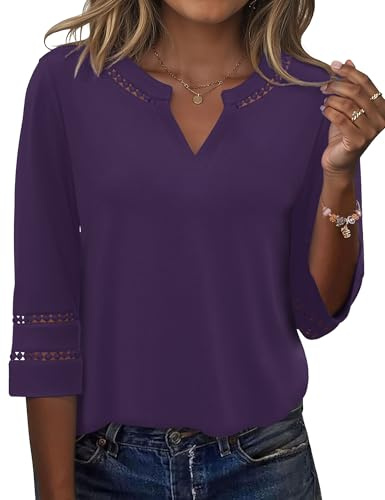 Rapbin Blouse femme élégante 3/4 manche avec col en V, tunique d'été en dentelle brodée vintage, haut 2026 mode, Violet (, XL