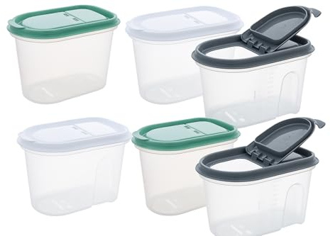 2friends Vorratsdosen Set 6-teilig 1,1L Schüttdosen Kunststoff Transparent, Klappdeckel, Ausguss, Messskala, Ideal für Müsli, 18,5x12x11,5cm, 3 Farben, 100% Recyclebar, Made in Europe
