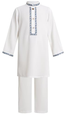 FYMNSI Boys Muslim Thobe Set Traditional Saudi Arabian Long Sleeve Robe & Pants with Shemagh Floral Embroidered Islamic Ramadan Eid Outfit for Kids Prayer Abaya Clothes Dubai Attire White 12-18M