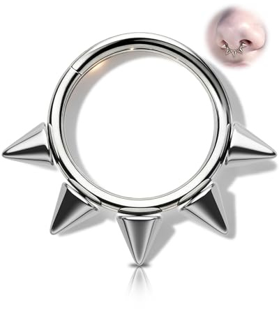 OUFER G23 Titanium 16G Spiked Septum Ring, 8/10 mm Daith Piercing Jewellery for Music Festivals Night Out, Hinged Clicker for Septum, Cartilage, Helix, Nose