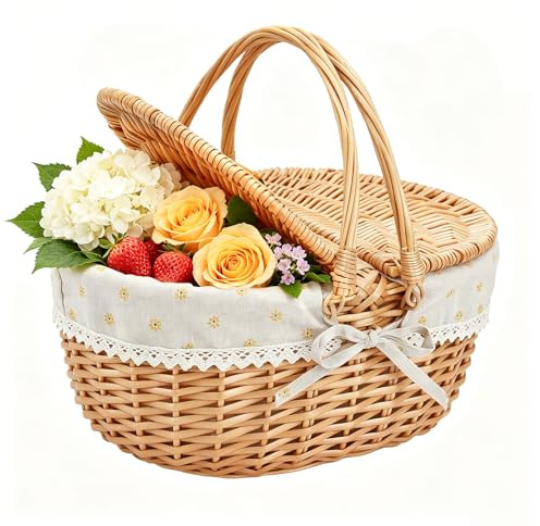 Panier Pique Nique,Panier de Pique-Nique en Osier avec Couvercle à Double Ouverture et Poignée Pliable, Panier Pique Nique Osier Le Camping et la Cueillette de Fruits(Jaune/40x34x19CM)