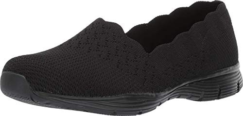 Skechers Womens Seager - Stat Scalloped Collar, Engineered Skech-knit Slip-on Classic Fit Loafer, Black/Black, 9 US