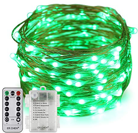 Erchen Battery Operated LED String Lights, Dimmable 33 FT 100 LED Ultra Thin Waterproof 8 Modes Timer Copper Wire Fairy Lights with 13 Key Remote Control for Indoor Outdoor Christmas Party (Green)