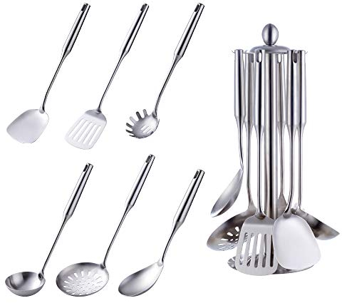 Ustensiles de cuisine 6 pièces acier inoxydable Écumoire Louche Spatule de Cuisine Tourneur à fente Riz Pasta Server avec support