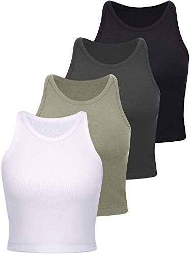 4 Stücke Basic Crop Tank Tops Ärmellose Racerback Baumwolle Sport, für Damen Täglich Tragen (Schwarz, Grau, Oliv, Weiß, M)