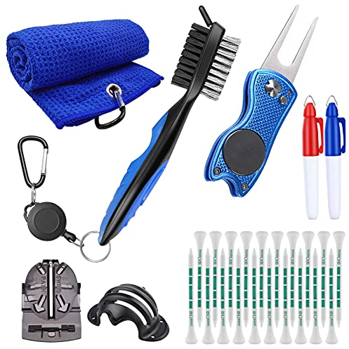 Yumzeco Golfzubehör Golfschläger Reinigungsset, Golfschläger Rillenreinigungs Bürste, Mikrofaser Golftuch, 20 teilige Golf Tees, Golf Divot Werkze