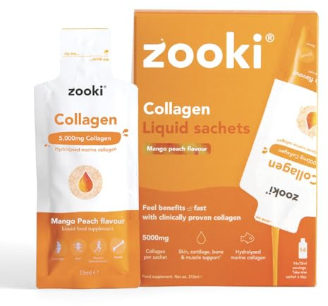 Zooki Marine Collagen Liquid Sachets 5,000mg – Great Taste, Sugar Free – High Strength Marine Collagen Supplements for Women & Men – Skin, Joints & Hair (Mango Peach Flavour, 14 Servings)