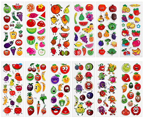 Cobee 3D Puffy Stickers for Kids, 12 Sheets Foam Vegetable Fruit Stickers Colored Kids Sticker for Scrapbooking Teacher Reward Sticker DIY Decoration Decal for Boys Girls Craft