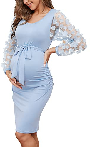 Floral Mesh Bishop Long Sleeve Maternity Midi Dress, Fall Maternity Bodycon Dress for Baby Shower Blue