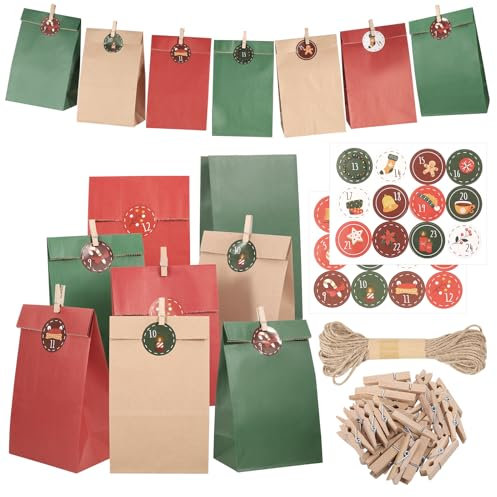 24 Stück Papiertüten, 13x24x8cm Adventskalender zum Befüllen 2025 Geschenktüten Papier Mitgebsel Tüten Adventstüten mit Weihnachtssticker Holzclips Hanfseil für Party Weihnachtsdeko