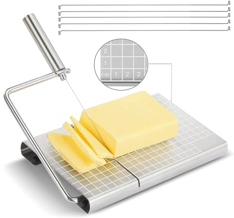 Käseschneider, Käsebrett mit Draht, Käsehobel für Blockkäse Edelstahl mit Genauer Größenskala, Cheese-Slicer Cheese-Cutter mit 5PCS Ersatzdraht, Schneidedraht für Käsebutter, Variable Schnittstärke
