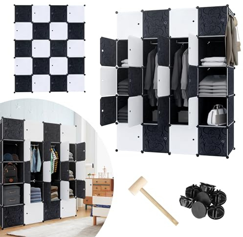 VA-Cerulean Sistema di scaffalatura in plastica con porta e asta appendiabiti, armadio, camera da letto, armadio combinato per vestiti, libri, giocattoli (20 cubi)