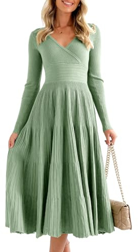 Saodimallsu Womens Long Sleeve Midi Sweater Dress Wrap V Neck Pleated A Line Fit Flare Elegant Knit Maxi Dress Light Green