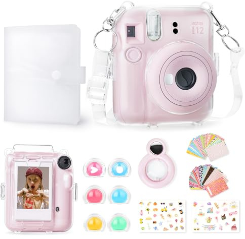 Rieibi Instax Mini 12 Accessoires Cadeau Ensemble : Étui Transparent avec Sangle, Album Photo, Miroir Selfie, Filtres de Couleur, Autocollants DIY - Rose