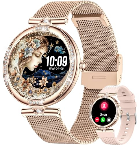 Fitonme Smartwatch Damen mit Telefonfunktion, 1,19 Zoll AMOLED Display, IP68 Wasserdicht Sportuhr Armbanduhr mit Schlafmonitor Pulsuhr SpO2 Blutdruckmessung Schrittzähler für Android iOS Roségold