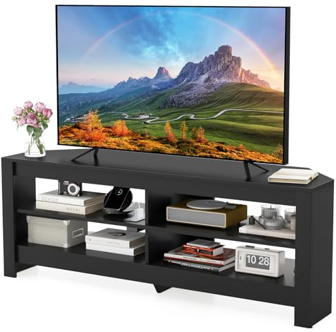 COSTWAY TV Stand with Charging Station for TVs up to 60, Wooden TV Cabinet Media Entertainment Center with Open Storage Shelves, 140cm Corner TV Unit Console Table for Living Room Bedroom (Black)