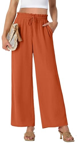 PrinStory Pantalon d'été léger à jambes larges pour femme - Pantalon Palazzo avec cordon de serrage - Taille haute - Pantalon droit décontracté, Orange, XL