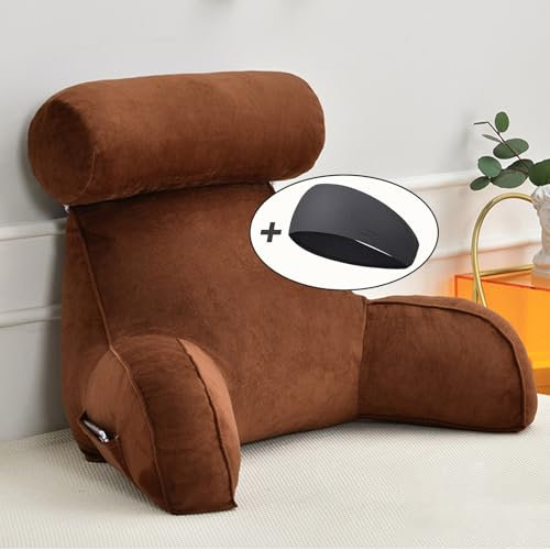 HAOYUES Rückenkissen, Weich und Komfortabel, Lesekissen für Bett und Sofa mit Abnehmbarer Nackenrolle, Rückenkissen mit Armlehnen, Kissengeschenke für Lesen, Arbeiten, Spielen, Braun