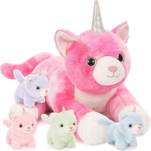 MorisMos Gatto Peluche Grande XXL, 60cm Rosa Mamma Gatto Unicorno con 4 Kawaii Bambino, Realistico Animali di Peluche Gigante Morbido Peluche Regalo per Bambini Compleanno Natale Deco