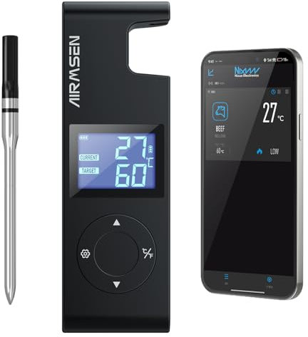AIRMSEN Fleischthermometer Kabelloses Grillthermometer Bluetooth mit Hitzebeständigem Keramikgriff & LCD-Display 150m Fernüberwachung, Bluetooth 5.4 Smart-App-Steuerung für Räuchern BBQ - 1000mAh Akku