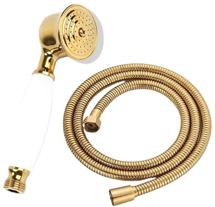 Vintage Brass Handheld Shower Head Set Gold White Ceramic Handle with 59in Stainless Steel Hose G1/2 Inch Connector