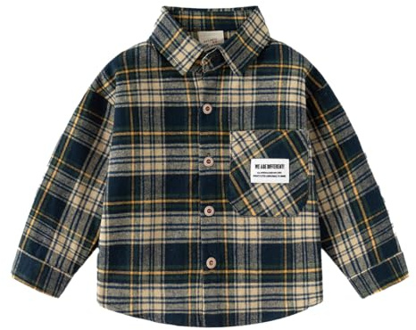 LUVCES Camisas de Franela a Cuadros para Niños Blusa Informal de Algodón con Botones Camisa Clásica con Bolsillo en el Pecho Otoño Primavera Ropa Cuadros Azul Marino 18-24 Meses