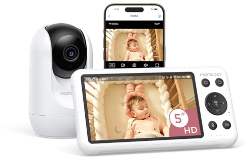 momcozy Baby Monitor Video 1080P 5 con App, 5000mAh Batteria, Telecamera Neonato WiFi, Zoom 4X, Visione Notturna Nitida, Audio Bidirezionale, Rilevamento Movimento, Supporto a Parete (BM04)