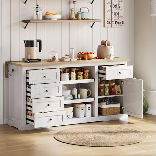 A ALFRESCOOL Credenza a buffet, armadio/bar, isola cucina, 5 cassetti, 2 ripiani estraibili, piastra di espansione pieghevole e prese integrate per cucina, sala da pranzo e soggiorno 150 × 65 × 75 cm
