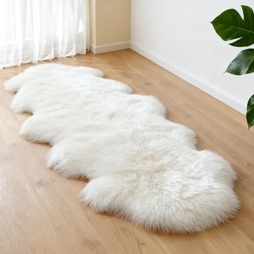 ELLECILA Faux Sheepskin Area Rug - Fluffy Fur Rugs - 60x180cm Sheepskin Throw Washable Non Slip Soft Shaggy Small Rugs, White Fluffy Fur Rug for Living Room Bedroom Kitchen Bathroom Sofa Floor Decor